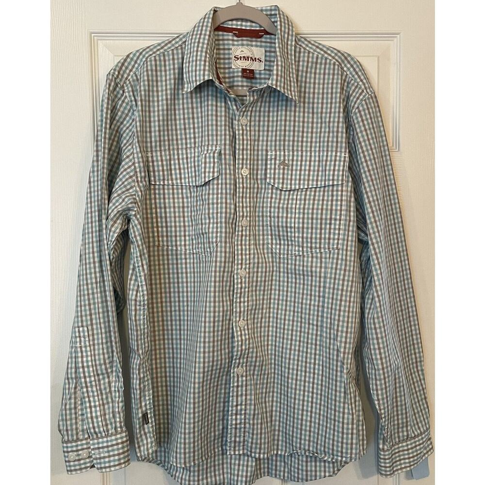 Simms Fishing Shirt Mens MED Blue/Gray Long Sleeve Button Up Outdoors Camping